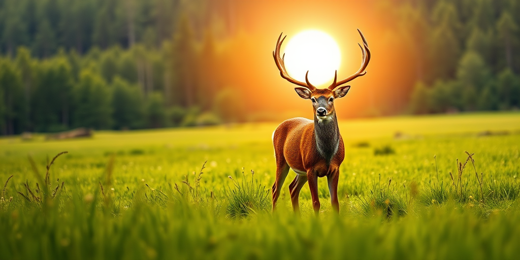Generate an image of a majestic deer standing in a lush green meadow with a bright sun behind it and a forest in the background, using a DSLR camera with a 50mm lens, f/8 aperture, ISO 100, and a shallow depth of field to enhance the quality and detail.