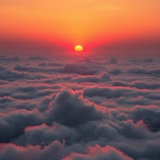 A vibrant sunrise over soft clouds, captured with a DSLR camera at f/8 aperture, ISO 200, 24mm focal length, in landscape orientation, using a warm color filter for enhanced glow.