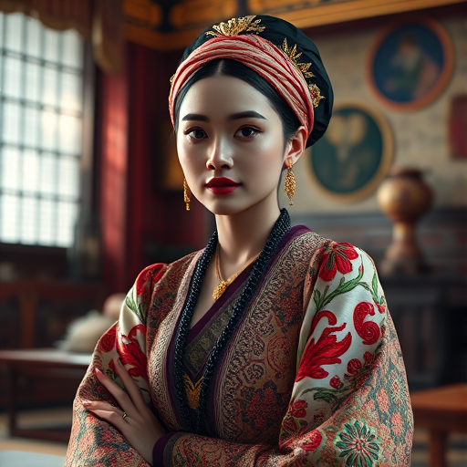 A beautiful Oromo woman in traditional East Asian attire, intricately detailed with embroidered patterns, sitting gracefully in a richly decorated room, soft ambient lighting, serene and elegant, ultra-realistic, 8K resolution