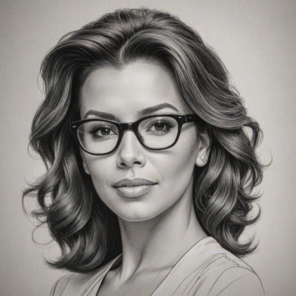 Magnificent Eva Longoria, pencil sketch, portrait of Exquisite woman 1950s in glasses, hair style beatnik, outline, clear lines, fine lines, 8k