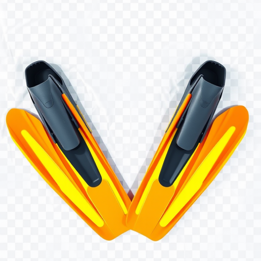 Create a high-resolution image of a pair of vibrant yellow and orange scuba fins on a transparent background, camera settings: f/5.6 aperture, 1/125 shutter speed, ISO 100, camera view: top-down, camera style: digital illustration, camera type: mirrorless.