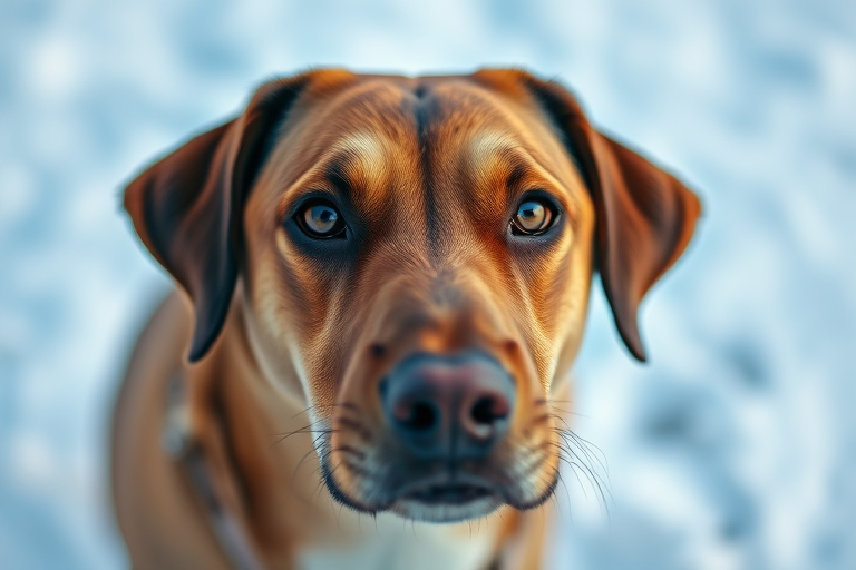 Capture a close-up portrait of a brown dog with a focus on its expressive face, soft natural lighting, f/2.8 aperture, ISO 200, 50mm lens, DSLR camera, shallow depth of field, snowy background for enhanced image quality.