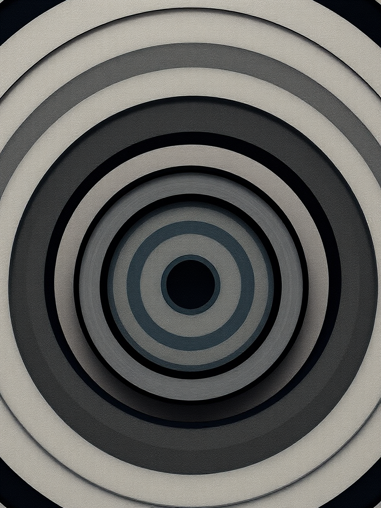 abstract pattern of concentric circles with soft gradients in shades of black, gray, and cream, taken with a Canon EOS R5, 50mm lens, aperture f/1.8, ISO 100, shot in natural light, shallow depth of field, minimalist style