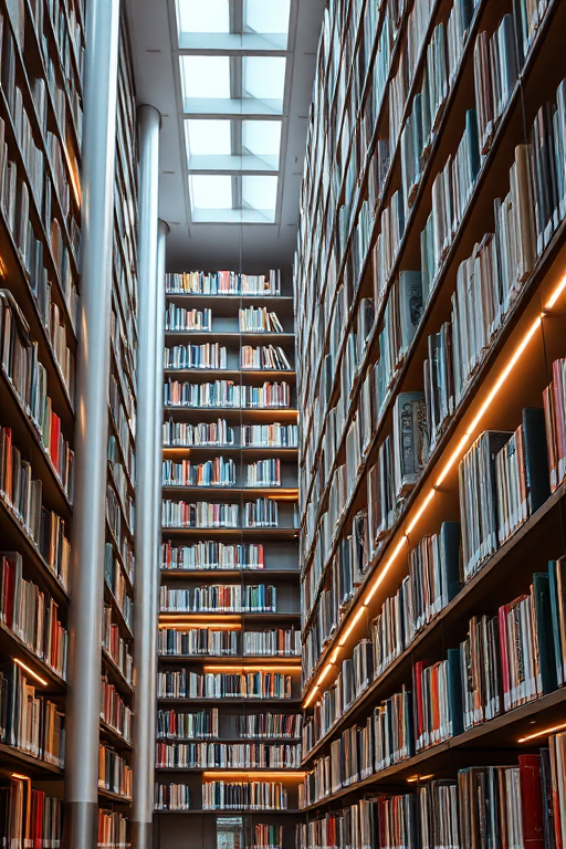interior view of a modern library with tall bookshelves filled with books, soft ambient lighting, high-resolution, 35mm lens, f/2.8 aperture, ISO 400, wide-angle shot, DSLR camera, vibrant colors and detailed textures