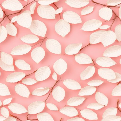 Create a seamless pattern of delicate white leaves on a soft pink background, shot with a Canon EOS R5 using a 50mm f/1.8 lens, aperture set to f/4, ISO 100, and a shallow depth of field to enhance color contrast and detail.