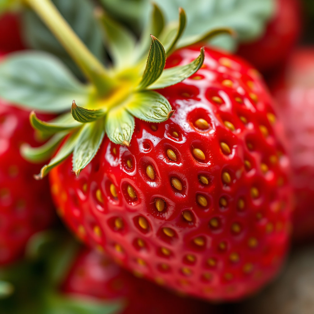 capture a highly detailed and vibrant illustration of a strawberry with a focus on the texture of the seeds and leaves, using a Canon EOS R5, 50mm lens, f/2.8 aperture, 1/250 sec shutter speed, ISO 100, shot from an overhead angle with soft natural lighting for enhanced color saturation and clarity