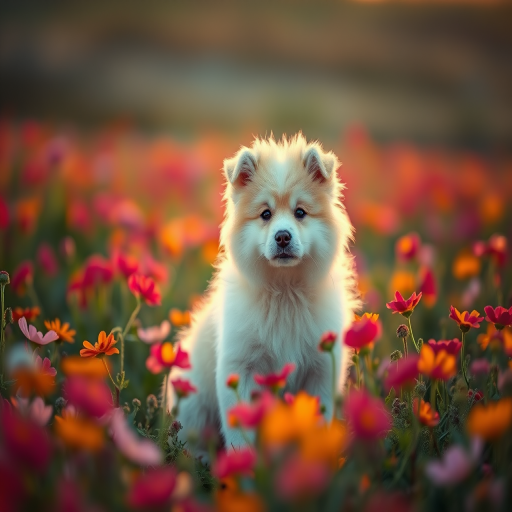 A fluffy dog sitting in a vibrant flower field during golden hour, soft focus background, taken with a Canon EOS R5, 50mm f/1.2 lens, aperture f/1.8, ISO 200, shutter speed 1/500s, natural light for enhanced clarity and warmth.