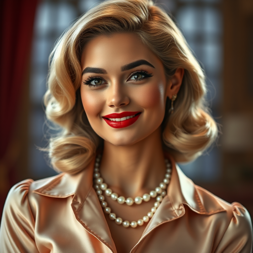 A beautiful Nepali woman reminiscent of 1950s Hollywood glamour, with perfectly styled blonde hair and a seductive smile, dressed in a satin blouse and adorned with pearls, soft and warm tones, photorealistic, 8K