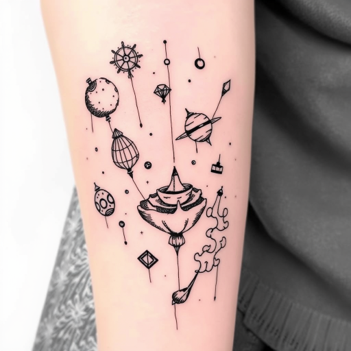 Sketch-style tattoo named "Ephemeral Dreams" featuring loose, gestural lines and crosshatching to create a whimsical scene of floating objects and surreal imagery, as if drawn directly on the skin