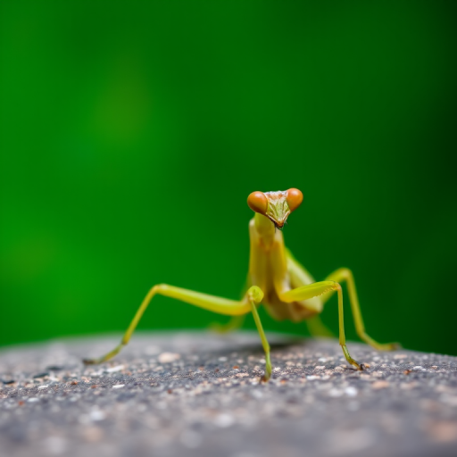 Close-up of a praying mantis on a textured surface, f-stop 2.8, shutter speed 1/200s, ISO 100, macro lens, natural light, shallow depth of field, vibrant green background, captured with a DSLR camera.