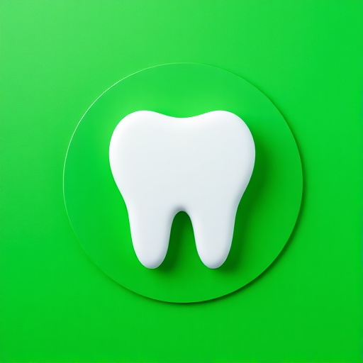 Create a high-resolution image of a shiny white tooth icon on a vibrant green circular background, using 50mm lens, f/2.8 aperture, ISO 100, and a flat lay view with studio lighting for enhanced clarity and detail.