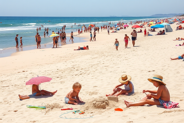 Lively beach scene during summer, with families enjoying the sun, children building sandcastles, and colorful umbrellas dotting the sandy shore, capturing the essence of a perfect day.