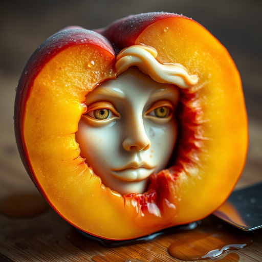 A hyperdetailed photorealistic macro color saturated high resolution image of a peach cut in half, with the peach pit being a highly detailed sculpted woman's face with her eyes open and peach-colored irises. The face has a marble texture. The image includes condensation, moisture, and peach juice. The peach is on a wooden cutting board with a small fruit knife nearby, also covered with juice.