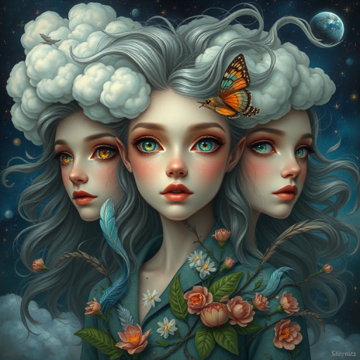 Create a series of imaginative portraits where each subject is infused with elements of fantasy and nature. The hair of the individuals should flow like clouds, varying from soft, fluffy cumulus to wispy cirrus strands, with hints of color reflecting a sunset or a clear blue sky. The eyes should be windows to entire galaxies, with stars, nebulae, and distant planets visible within them. Clothing should be adorned with nature motifs, such as floral patterns that bloom and change, vines that seem to grow and wrap around, or feathers that shimmer with iridescence. Each portrait should capture a unique personality, blending human features with the ethereal beauty of the natural and cosmic world. The backgrounds can vary, from starry night skies to enchanted forests, adding depth and context to the magical realism of the portraits