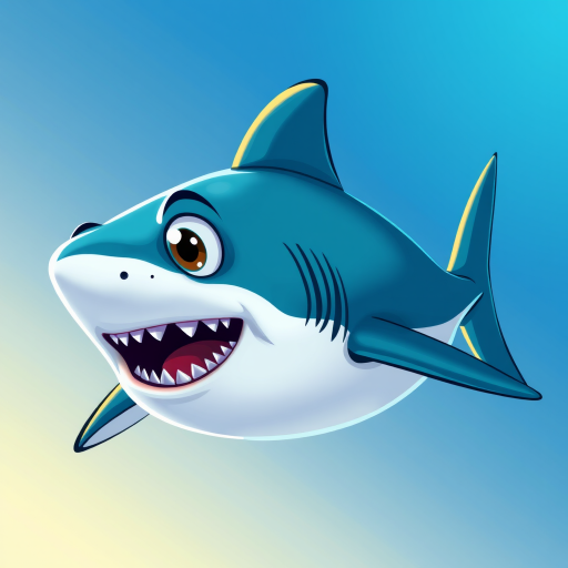 Create a vibrant cartoon-style image of a shark swimming with exaggerated features like big eyes and sharp teeth, using a digital painting technique with a soft gradient background, shot with a high-resolution digital camera at f/2.8, ISO 100, and 1/200 sec to enhance clarity and color richness.