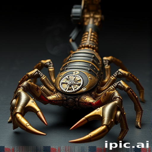 Create a high-intensity, high-resolution image of a steampunk scorpion, featuring intricate clockwork mechanisms and brass gears. The scorpion should have metallic limbs with elaborate jointed segments, showcasing a blend of Victorian-era aesthetics and futuristic technology. The body should be adorned with cogwheels, pistons, and small steam vents emitting a subtle mist, the front pinchers should up up and open. Capture the scene with dramatic lighting to emphasize the mechanical details, giving it a sense of motion and life