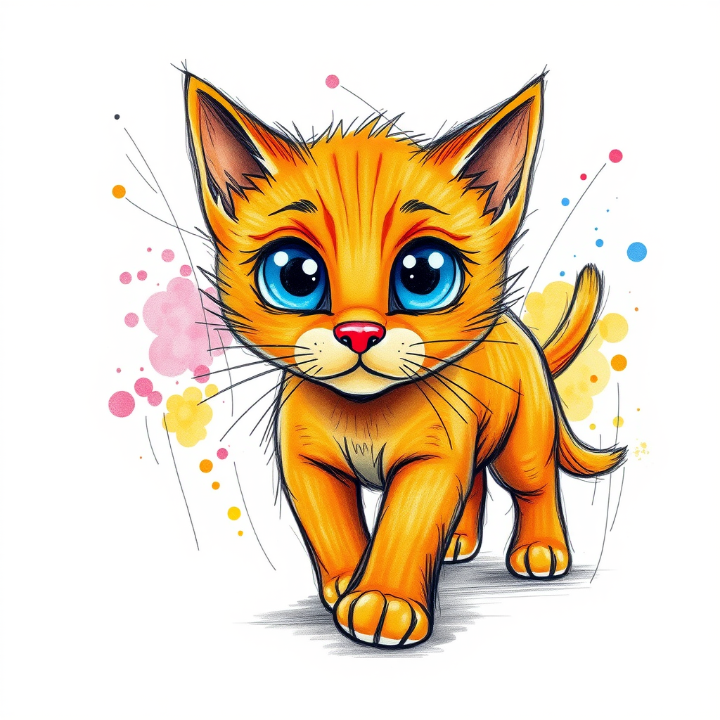 A vibrant childs coloured pencil drawn illustration of a bright orange dog with large, expressive blue eyes, a very cute style. The dog appears to be walking towards the viewer, surrounded by an abstract splash of colors and fine black lines, giving the image a dynamic and artistic flair. The background is a soft beige, highlighting the cat's vivid coloration and playful demeanor. Naively drawn scratchy line style.