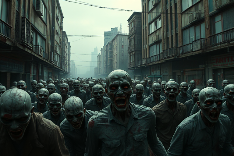 Create a high-resolution image of a horde of zombies in a desolate urban setting, captured with a Canon EOS R5 at f/2.8, ISO 400, 24mm focal length, using a wide-angle lens to emphasize depth and atmosphere, with dramatic lighting to enhance shadows and details.