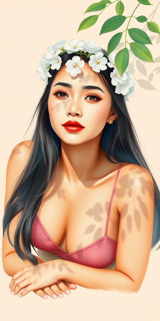 create a watercolor painting of an ethereal portrait of beautiful Malay woman with a simple white flower crown on her head. Her hair is long and she is lying on the ground. The sunlight on the trees casts shadows from the leaves on her face and body. The background is a neutral brown color that matches her skin tone. The image is minimalist and solid colors. This style is characterized by soft, delicate brushstrokes and a light, airy, contrasting color palette. High level of detail and play of light