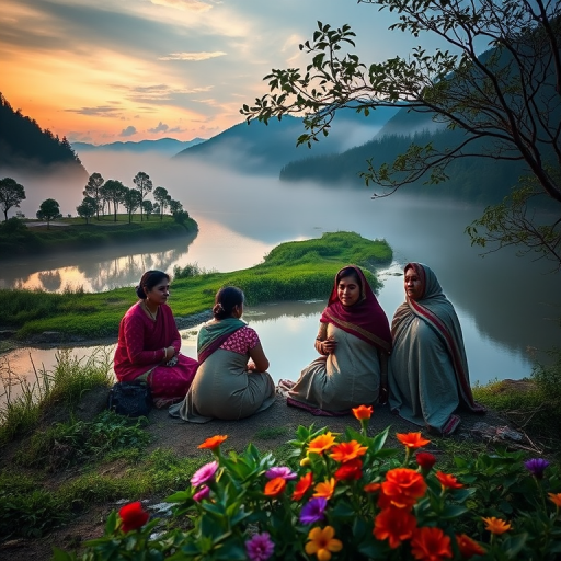 Capture a scenic dusk landscape of four women sitting in traditional attire on a serene riverbank with mist swirling around, surrounded by lush greenery and vibrant flowers, using a Canon EOS R5 with a 50mm f/1.2 lens, at f/2.8, ISO 200, 1/100 sec, with a shallow depth of field for a soft focus background.