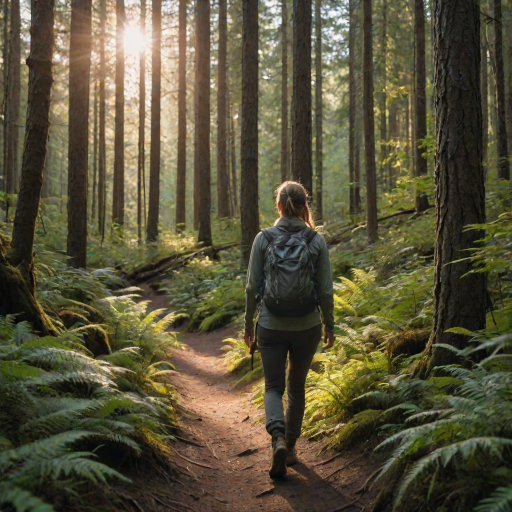 Scenic hiking trail through a dense forest, with sunlight streaming through the trees, a woman in comfortable hiking gear taking a moment to appreciate the beauty around her.