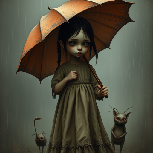 An eerie, weird little girl with dark hair in thin pigtails, wearing a smock dress, standing in the rain, holding a dirty orange umbrella, a small, odd creature beside her. In a surreal style inspired by Nicoletta Ceccoli and Brian Froud. Dark fantasy themes