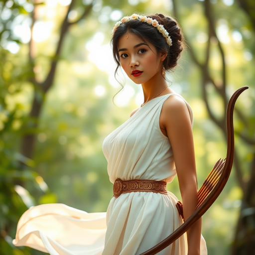 Create a portrait of a goddess-like Malay girl figure in a tranquil, forested environment. She has an elegant appearance with long, wavy hair styled in an updo and adorned with a delicate, floral headband. She wears a flowing, ancient Greek-inspired gown in a soft, pale color, featuring a one-shoulder design and draped fabric that accentuates her graceful form. The outfit includes a decorative belt with ornate gold detailing, and she holds a bow in her hand, with a quiver of arrows slung over her shoulder. The background depicts lush greenery, with sunlight filtering through the trees, casting a gentle, ethereal light on the scene. Her expression is calm and contemplative, embodying a sense of wisdom and serenity.