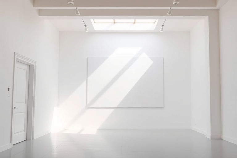 Create a minimalist art gallery interior with white walls, a large blank canvas on the wall, soft natural lighting from a skylight, a door on the left, wide angle lens, f/8 aperture, 1/60 sec shutter speed, ISO 200, digital camera style.