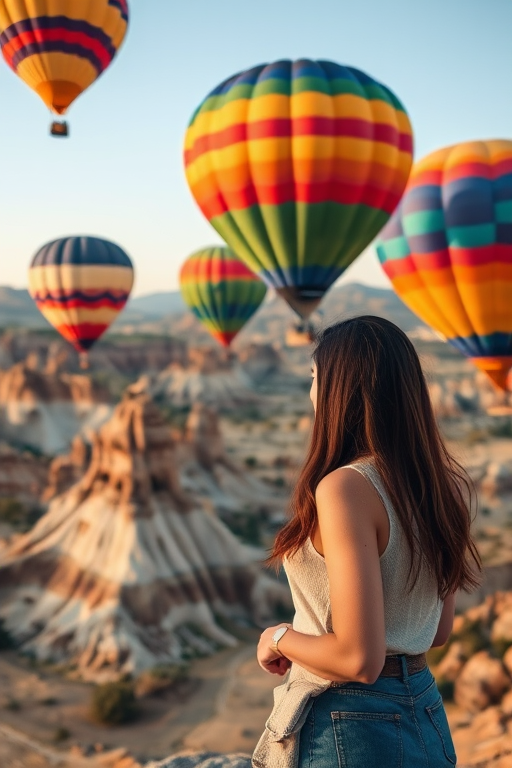 Create an image of a woman interacting with colorful hot air balloons in a picturesque landscape featuring unique rock formations, captured with a DSLR camera, 35mm lens, f/8 aperture, 1/250 sec shutter speed, and natural light for enhanced quality.