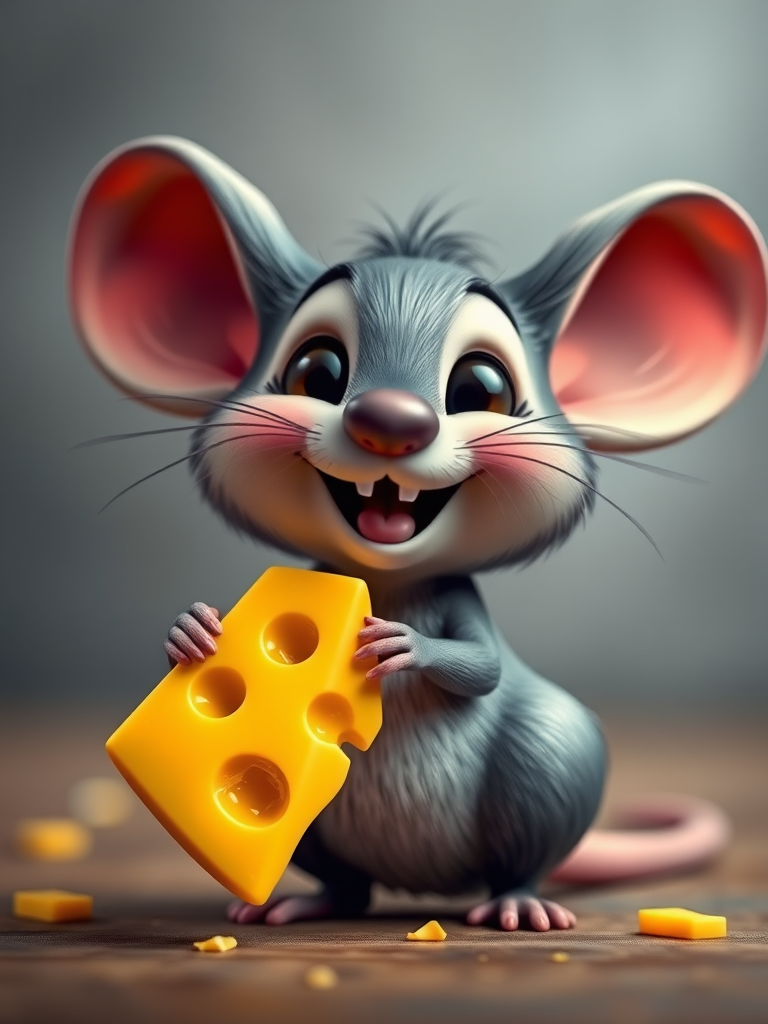 Create a cute cartoon mouse character with large ears and a joyful expression, holding a big slice of yellow cheese, captured in a studio setting with a shallow depth of field, using a DSLR camera at f/1.8, ISO 100, and 50mm lens, soft lighting for enhanced colors and details.