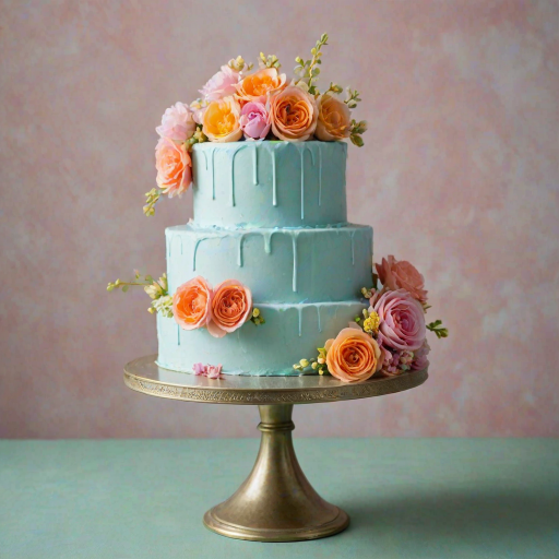 Create an image of a two-tiered cake with a light blue frosting. The cake should be adorned with colorful, delicate flowers in shades of pink, orange, and yellow, cascading down the sides. It should be displayed on a shiny silver cake stand, set against a lush green background.
