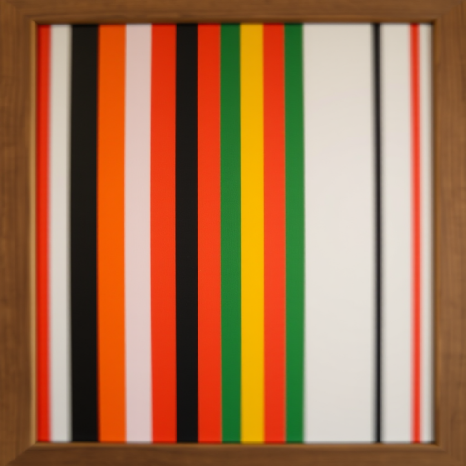 Create an abstract artwork featuring vertical stripes in vibrant colors like red, black, green, and yellow, captured with a DSLR camera at f/2.8, 1/125 sec, ISO 100, in a well-lit environment, with a depth of field focus on the stripes and a wooden frame around the image.