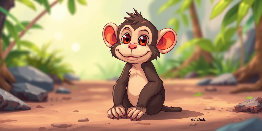 Create a cartoon-style illustration of a curious monkey sitting on the ground in a natural setting, using vibrant colors, high resolution, with a soft focus background, captured with a digital camera at f/8 aperture, 1/200s shutter speed, and ISO 100 for enhanced image quality.