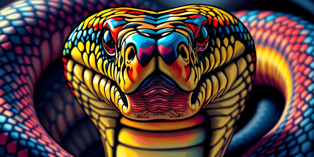 Create a high-resolution illustration of a cobra with vibrant colors and intricate details, using a digital drawing style, 300 DPI, from a low angle perspective to emphasize the cobra's hood, with a focus on contrast and depth.