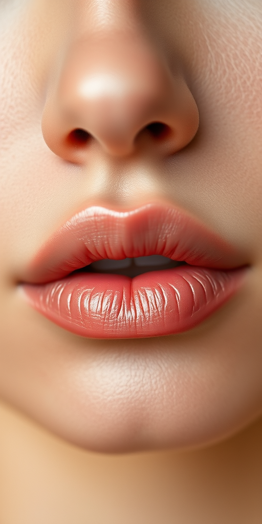 Graceful nude lips with a satin finish, enhancing natural lip contours and creating a timeless, polished look, captured in a minimalist beauty portrait