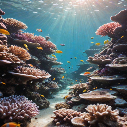 Soft-focus image of a vibrant coral reef underwater, with colorful fish swimming among the coral, soft beams of sunlight filtering through the water.