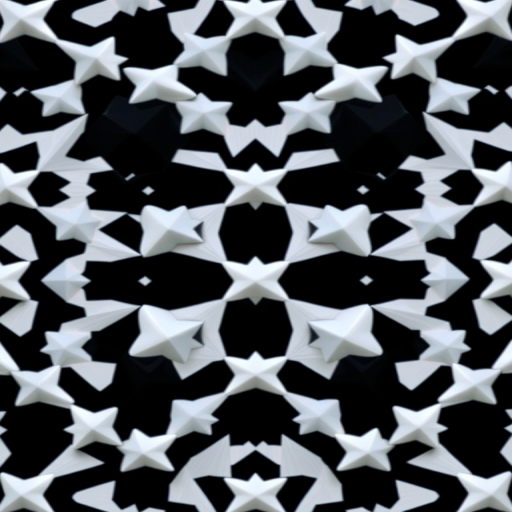 Create a high-contrast pattern of alternating black and white star shapes arranged in a diamond grid formation, captured with a DSLR camera at f/8 aperture, ISO 100, 1/125 sec shutter speed, in a top-down view, using macro lens for enhanced detail.