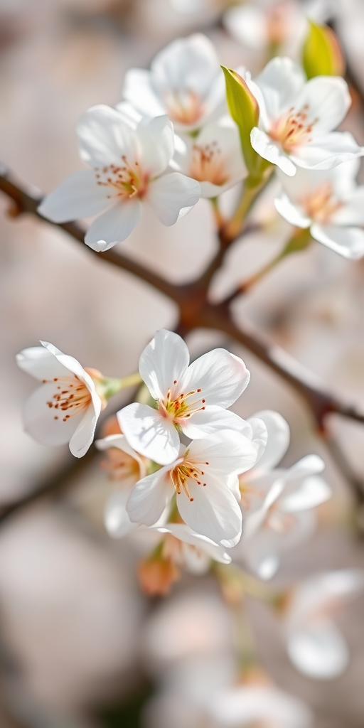 close-up of white cherry blossoms with soft focus background, natural light, aperture f/2.8, shutter speed 1/200s, ISO 100, macro lens, DSLR camera, shallow depth of field