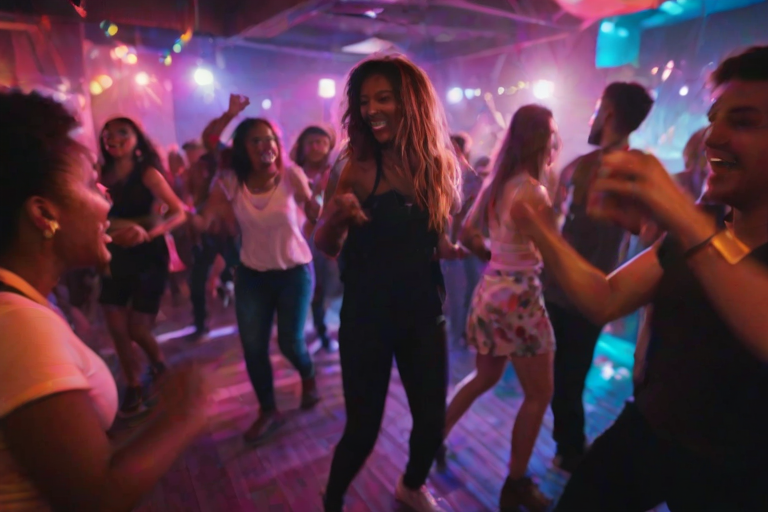 Blurry action shot of a lively dance party in a club, with colorful lights swirling around and people moving to the beat, creating a vibrant atmosphere full of energy.
