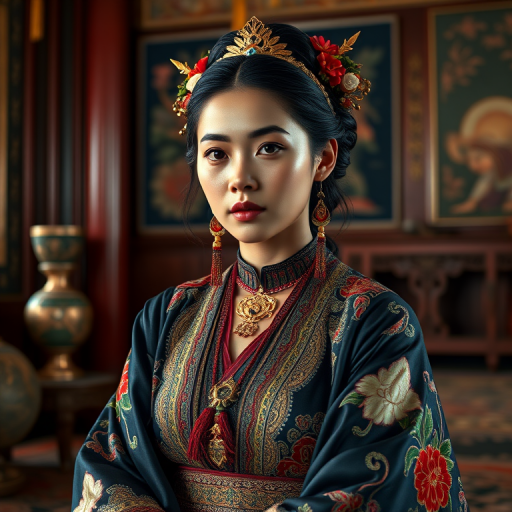 A beautiful Quechua woman in traditional East Asian attire, intricately detailed with embroidered patterns, sitting gracefully in a richly decorated room, soft ambient lighting, serene and elegant, ultra-realistic, 8K resolution