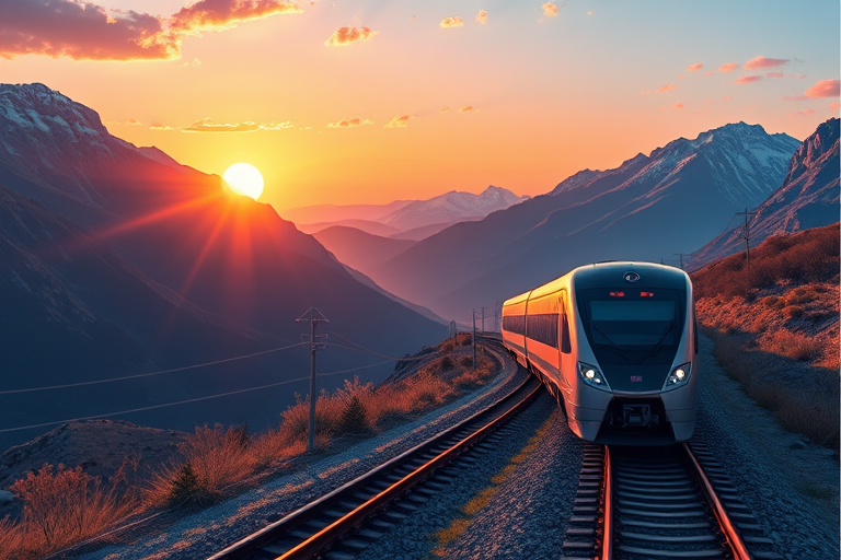 Create a high-resolution digital illustration of a sleek train traveling through a mountainous landscape at sunset, use vibrant colors with a clear sky and soft clouds, emphasize the train's speed and design, set camera type to digital art, camera style to vector graphics, camera view to wide-angle perspective, and enhance image quality with sharp details and smooth gradients.