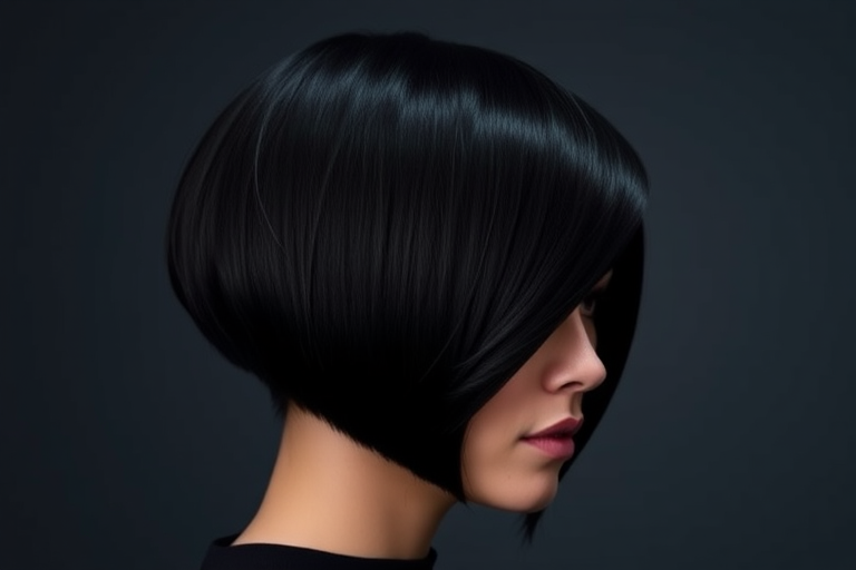 Sleek jet-black bob cut in the "Midnight Precision" style features a razor-sharp asymmetrical line, accented with electric blue underlights peeking through for added dimension