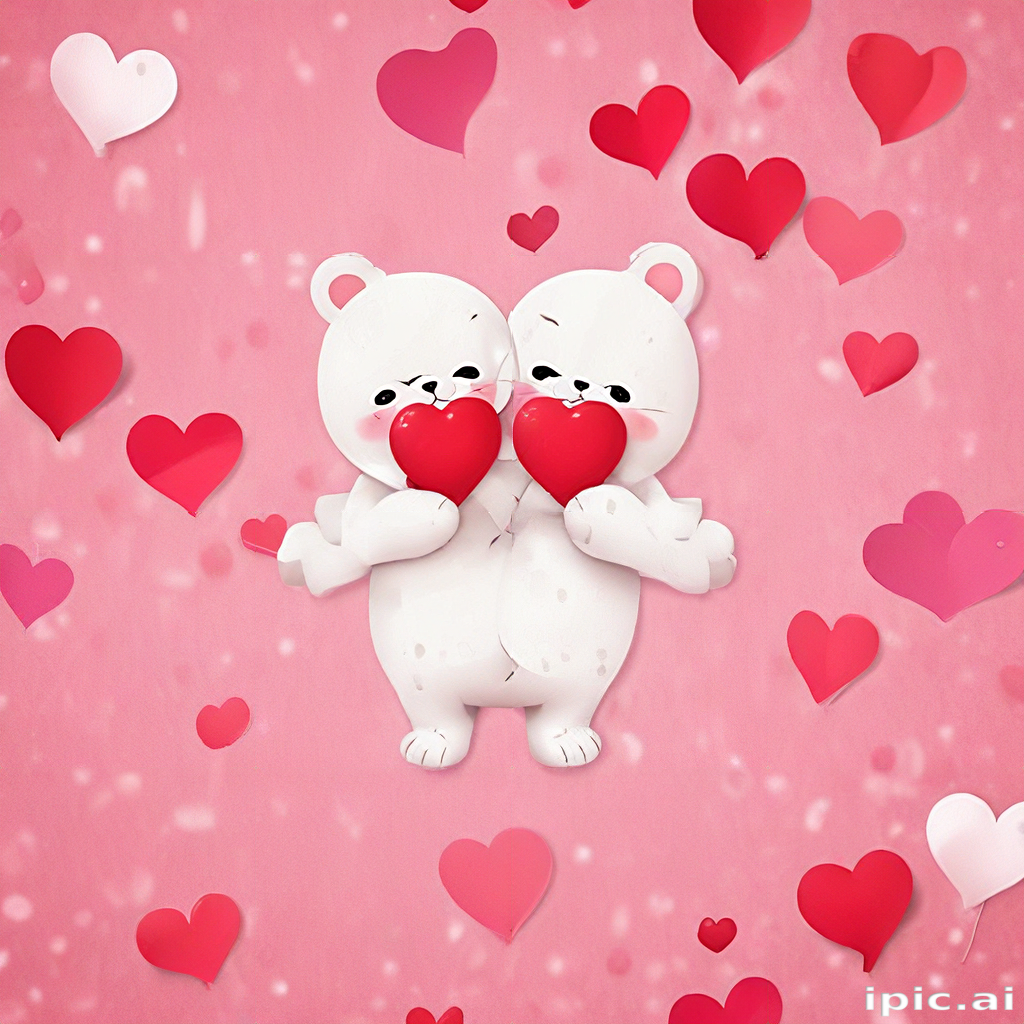 Two Adorable Bears Holding Hearts Surrounded by Floating Love Confetti