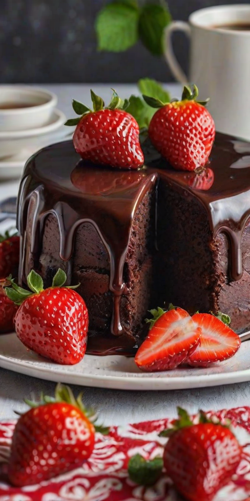 Generate a delicious chocolate cake topped with fresh strawberries and mint leaves, sitting on a white plate. The cake has a glossy chocolate glaze dripping down the sides, with vibrant red strawberries arranged neatly on top. The background features a textured tablecloth with subtle patterns, and there is a small cup of coffee nearby.