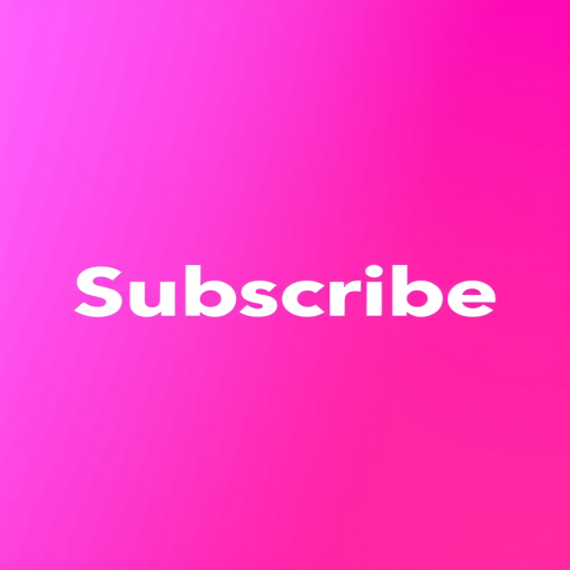 Create a vibrant gradient background from purple to pink with the word "Subscribe" in large, bold, white letters centered in the image, shot with a DSLR camera at f/2.8 aperture, 50mm lens, ISO 100, and a slightly angled view for depth.