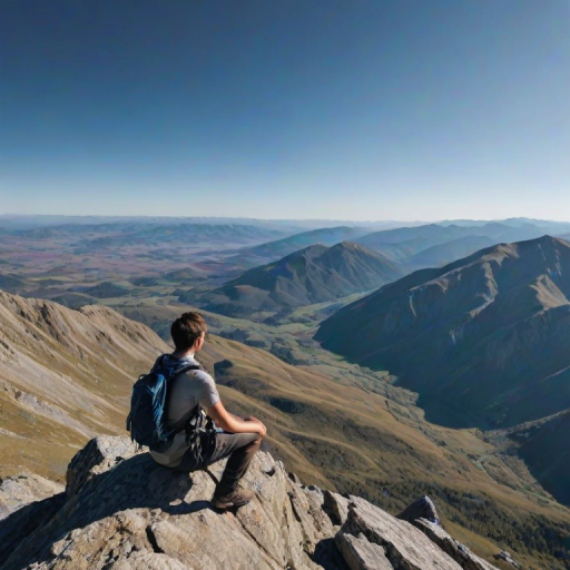Stunning view from a mountaintop, with sweeping landscapes stretching into the distance, a hiker taking a moment to appreciate the breathtaking scenery under a clear blue sky.