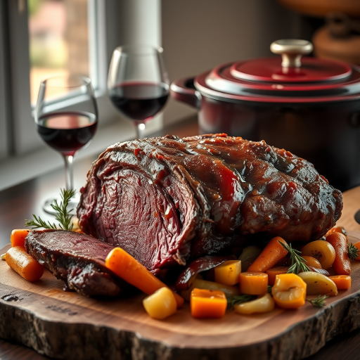 Soft, diffused natural light from a large window on the left, with a white reflector on the right for fill. 45-degree angle view, shallow depth of field focusing on the succulent meat. A tender beef roast, marinated and slow-cooked in Barolo wine, presented on a rustic wooden board. The meat is falling apart, glistening with a rich, deep red wine reduction sauce. Surrounding the roast, a colorful mirepoix of carrots, onions, and celery, their edges caramelized and infused with the wine's flavor. A small bunch of fresh rosemary and thyme as garnish. In the background, a half-filled glass of Barolo wine and a Le Creuset Dutch oven, hinting at the cooking method. 8K resolution, photorealistic rendering with intricate textures of the meat fibers and vegetable pieces.