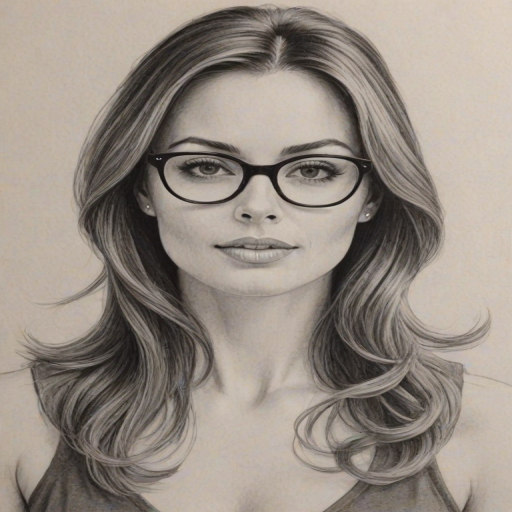 Fascinating Erica Durance, pencil sketch, portrait of Elegant woman 1967s in glasses, hair style beatnik, outline, clear lines, fine lines, 8k