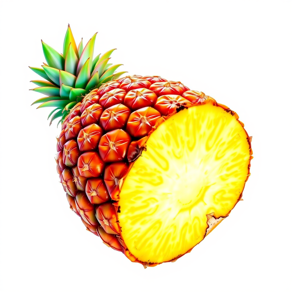 Create a vibrant, high-resolution illustration of a pineapple with a shiny, reflective surface, captured with a DSLR camera at f/2.8 aperture, 50mm lens, and natural lighting, showcasing vivid colors and detailed texture against a simple white background.