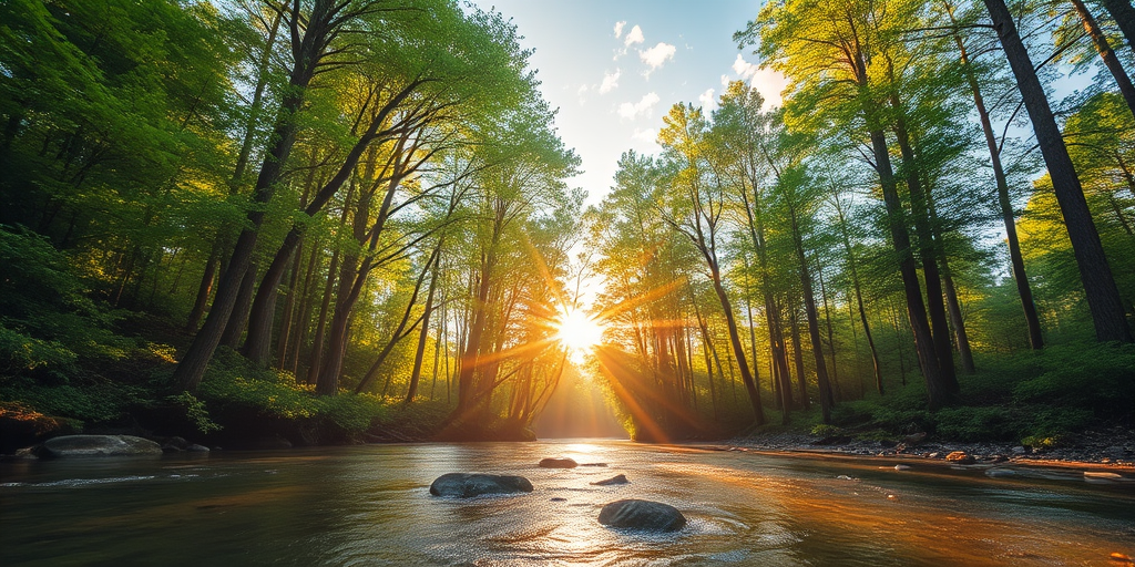 Create an image of a serene, sunlit forest scene with a clear, gently flowing river. Tall trees with lush green foliage line both sides of the river, their leaves bathed in the warm golden light of the setting or rising sun. The sunlight filters through the trees, casting soft, dappled light on the river, which flows over smooth rocks and pebbles, creating a peaceful, natural atmosphere. The sky is bright with a few scattered clouds, and the overall mood is tranquil, evoking a deep sense of connection with nature. The image captures the beauty of a calm, pristine forest landscape at either dawn or dusk.